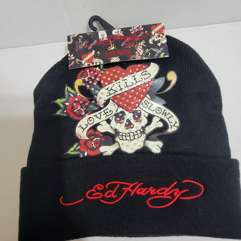 Ed Hardy 2-Pk Knit Beanie Hat Skull‎ Love Kills Tiger Y2K One Sz Embroidered NWT